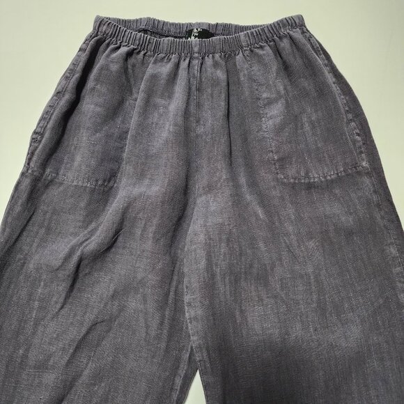 Fenini Purple 100% Linen Elastic Waist Mesh Hem Tie Crop Pants - Picture 5 of 7